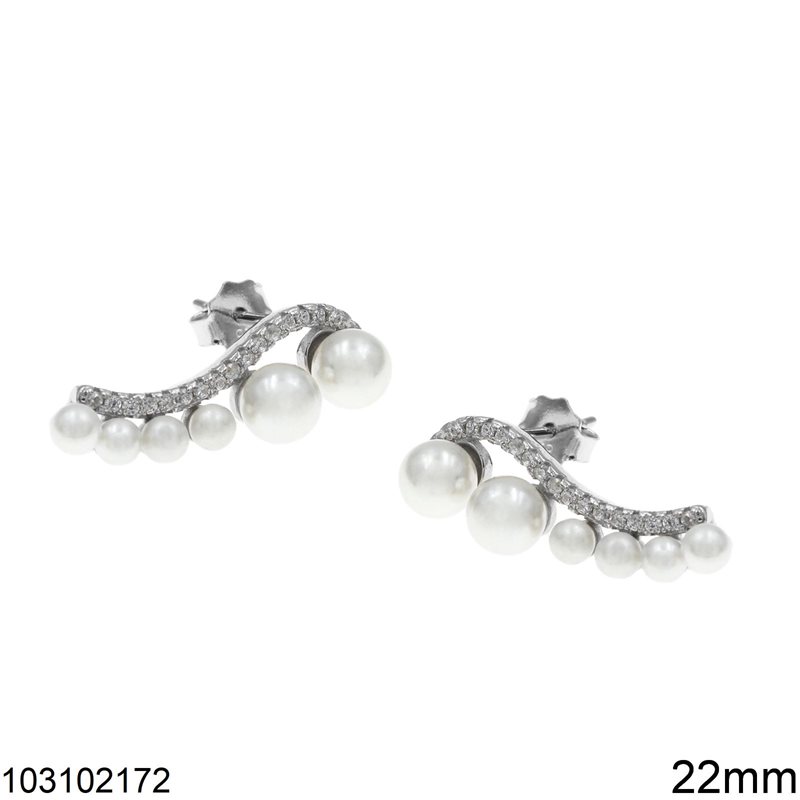 Silver 925 Stud Earrings Curve with Pearls and Stones 22mm, Rhodium Plated