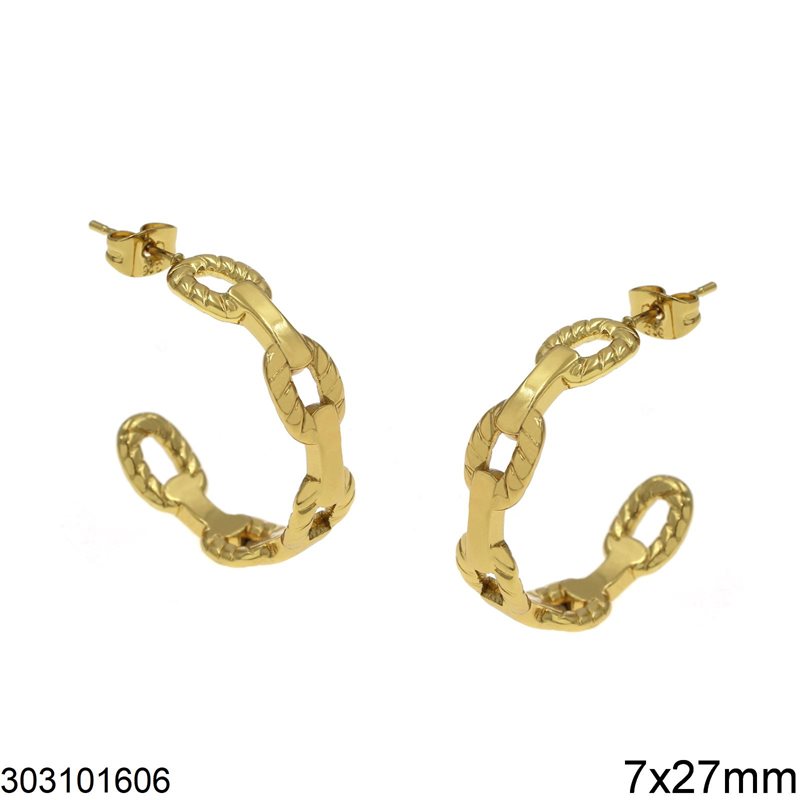 Stainless Steel Stud Earrings Oval Hoops Chain 7x27mm