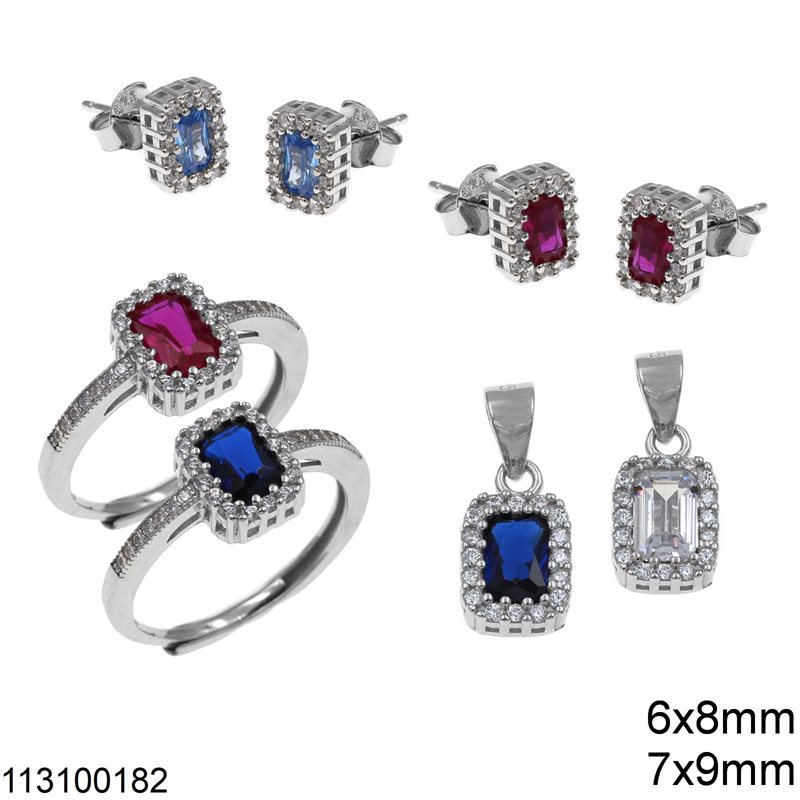 Silver 925 Set Pendant, Ring 7x9mm and Stud Earrings 6x8mm Rectangular Rossete with Zircon