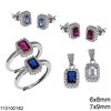 Silver 925 Set Pendant, Ring 7x9mm and Stud Earrings 6x8mm Rectangular Rossete with Zircon