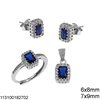 Silver 925 Set Pendant, Ring 7x9mm and Stud Earrings 6x8mm Rectangular Rossete with Zircon