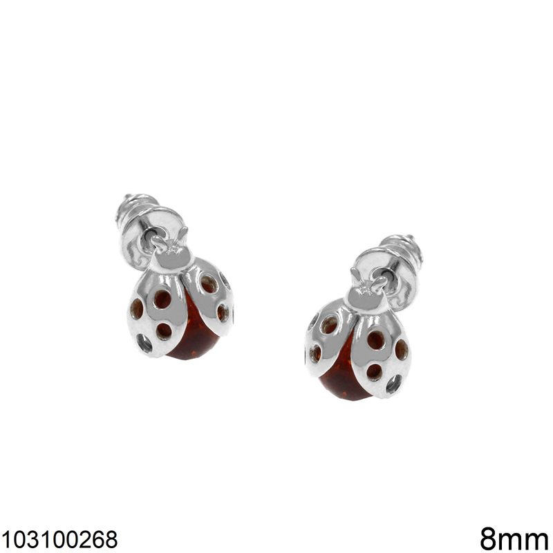 Silver 925 Stud Earrings Bug with Amber 8mm