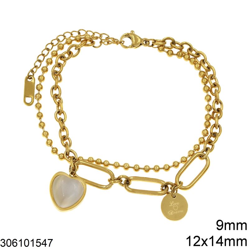 Stainless Steel Bracelet Double Chain with Hanging Heart 12x14mm and Round Plate 9mm, Gold