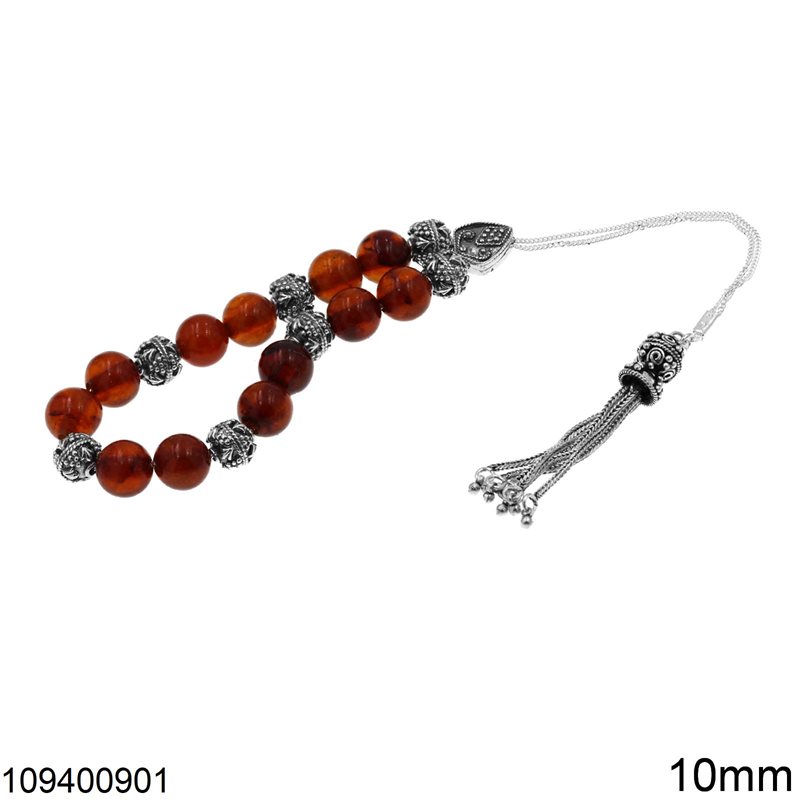 Silver 925 Kompoloi with Beads and Amber Stones 10mm