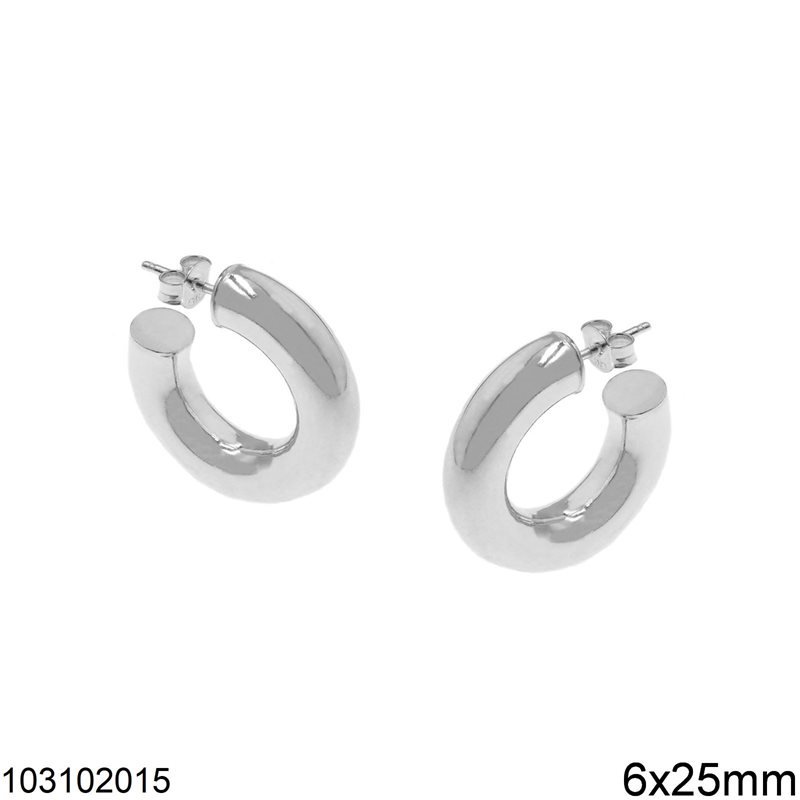 Silver 925 Stud Earrings Bold Hoop 6x25mm