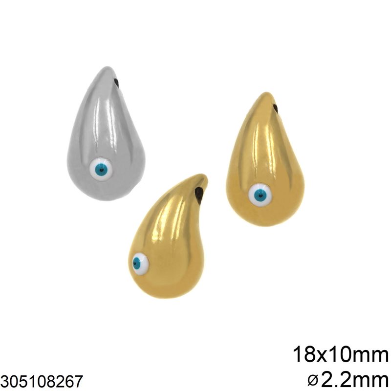 Stainless Steel Curved Pearshape Pendant with Evil Eye 18x10mm and Hole 2.2mm
