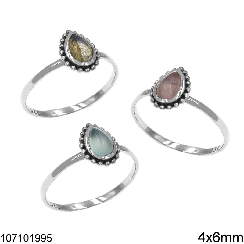 Silver 925 Ring with Pearshape Semi Precious Stone 4x6mm and Balls