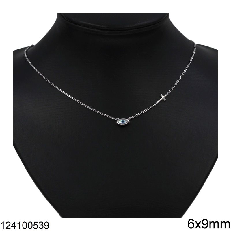 Silver 925 Necklace Oval Link Chain Navette Evil Eye with Shell 7mm and Cross 5x10mm, Rhodium Plated