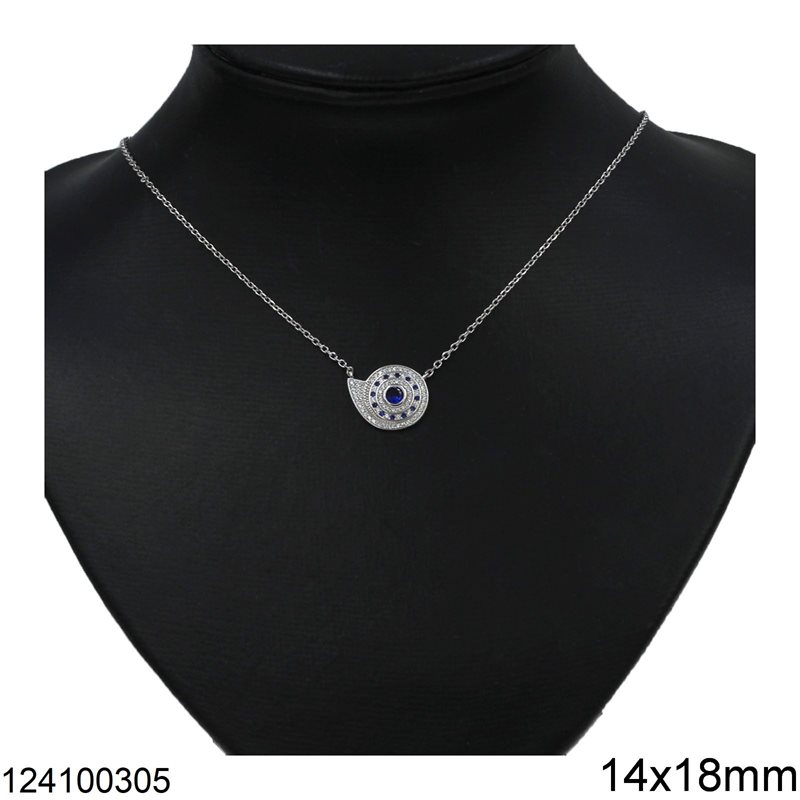 Silver 925 Necklavce Oval Link Chain with Hanging Snail with Stones 14x18mm, Rhodium Plated