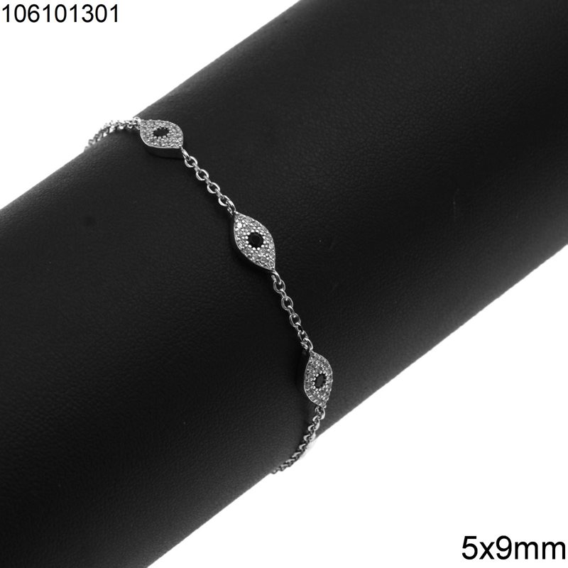Silver 925 Bracelet Three Evil Eyes with Zircon 5x9mm