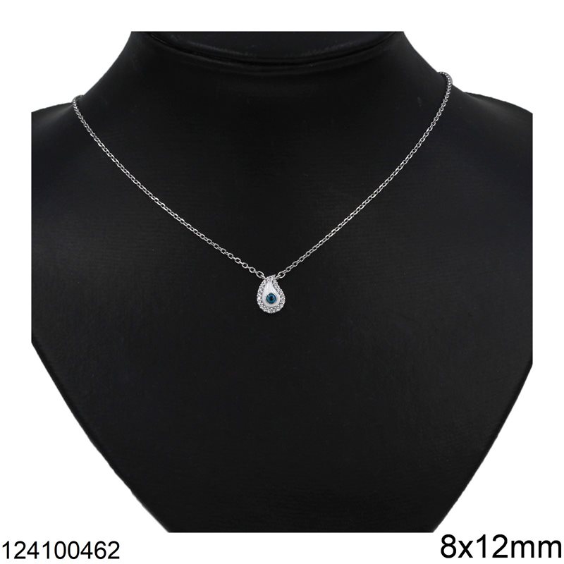 Silver 925 Necklace Oval Link Chain Pearshape Evil Eye with Zircon and Enamel 8x12mm