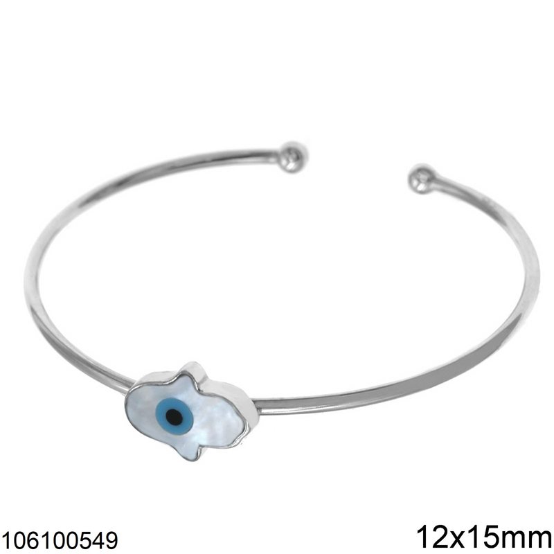 Silver 925 Cuff Bracelet Hamsa with Evil Eye Shell 12x15mm, Rhodium Plated