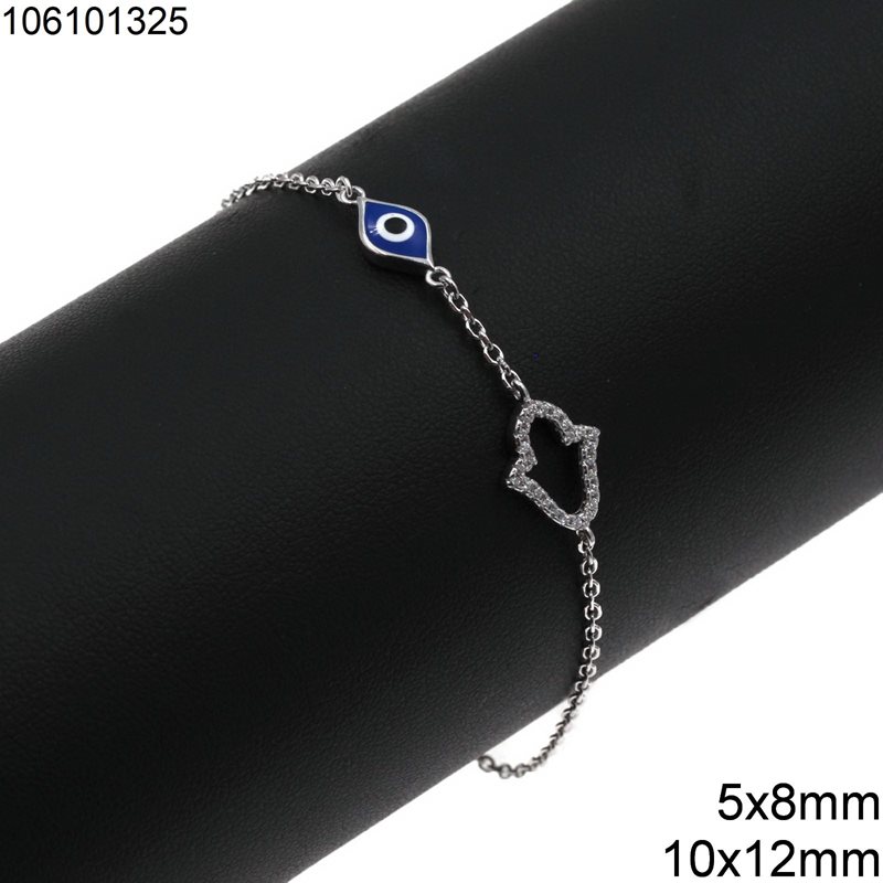 Βραχιόλι Ασημένιο 925 Μάτι με Σμάλτο 5x8mm και Παλάμη με Ζιργκόν 10x12mm