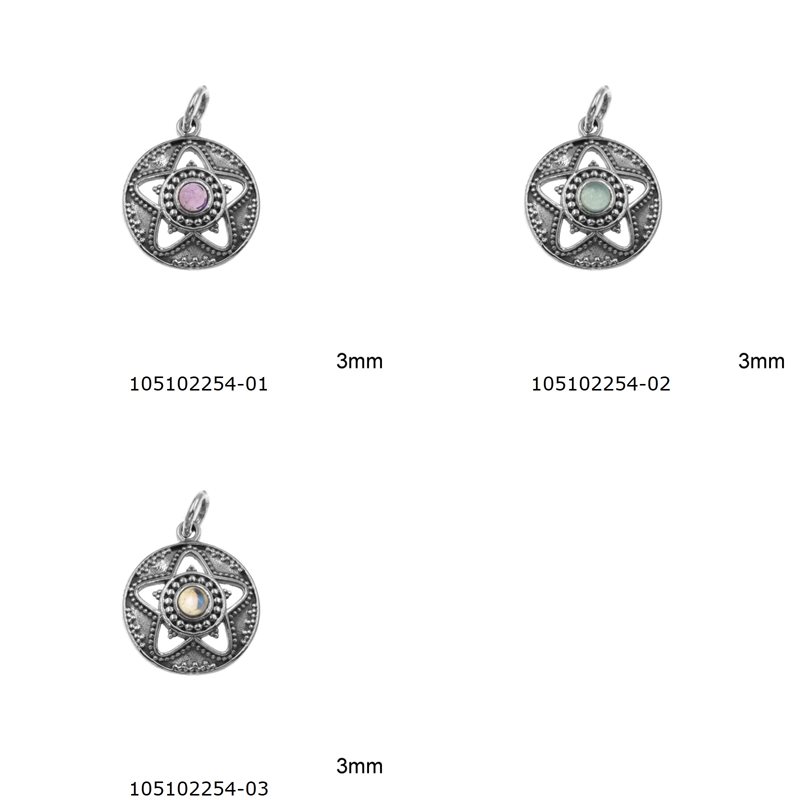 Silver 925 Pendant Star in Circle 16mm with Round Semi Precious Stone 3mm