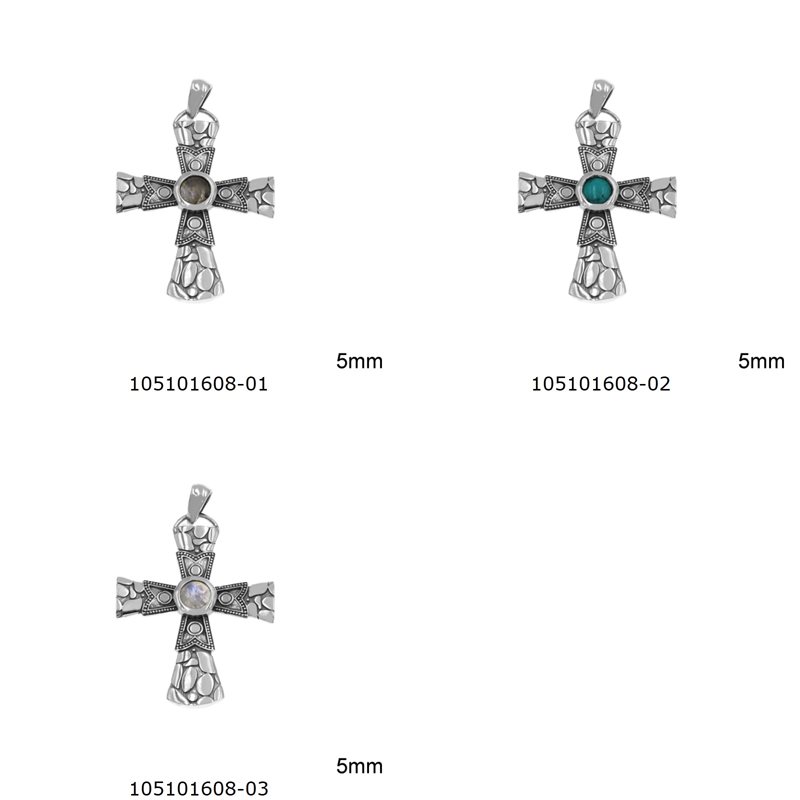 Silver 925 Pendant Cross with Oxidised Mosaic 10x30x40mm with Round Semi Precious Stone 5mm