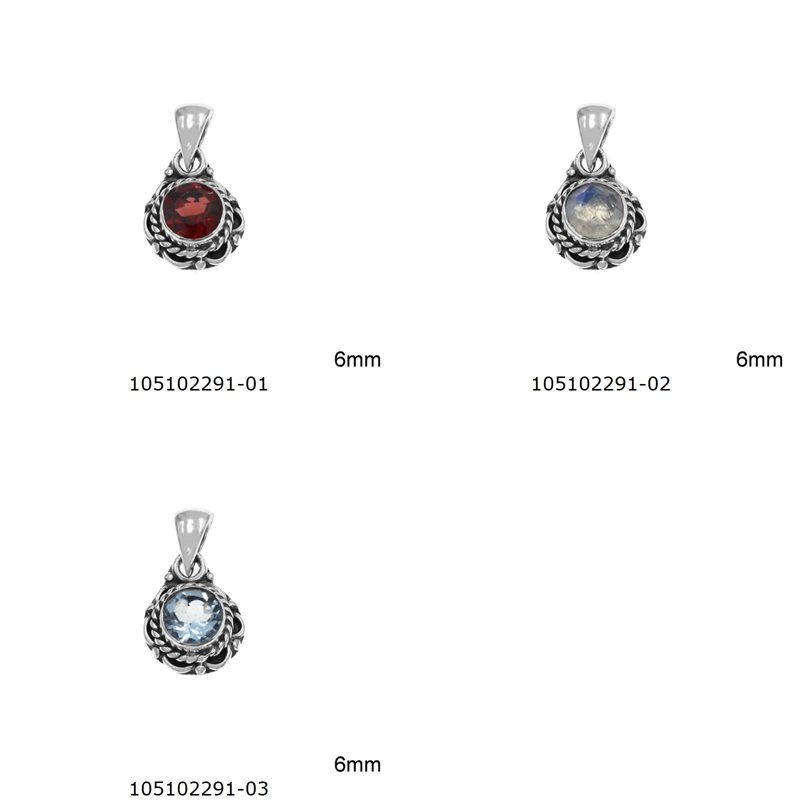 Silver 925 Pendant Round Braided 10mm with Round Semi Precious Stone 6mm