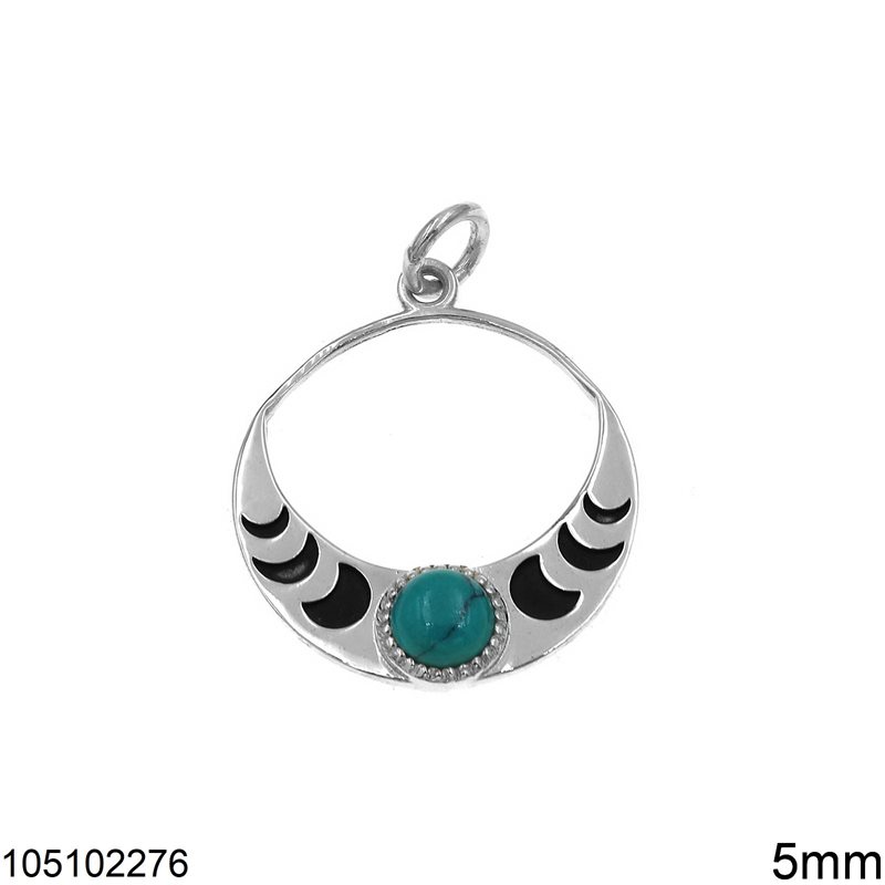 Silver 925 Pendant Circle 7x20mm with Round Semi Precious Stone 5mm