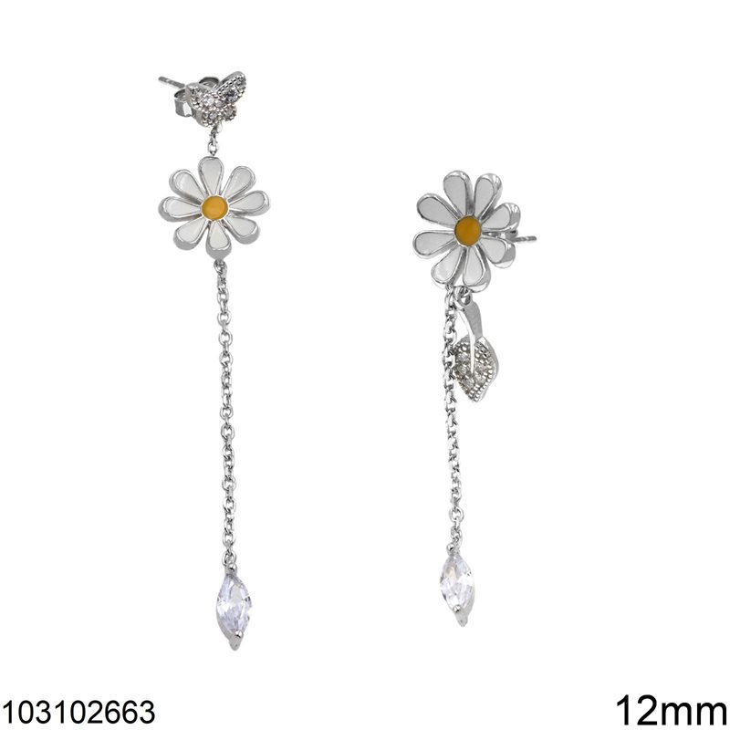 Silver 925 Stud Earrings Daisy with Enamel 12mm and Hanging Chain with Navette Zircon,Rhodium Plated