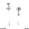 Silver 925 Stud Earrings Daisy with Enamel 12mm and Hanging Chain with Navette Zircon,Rhodium Plated