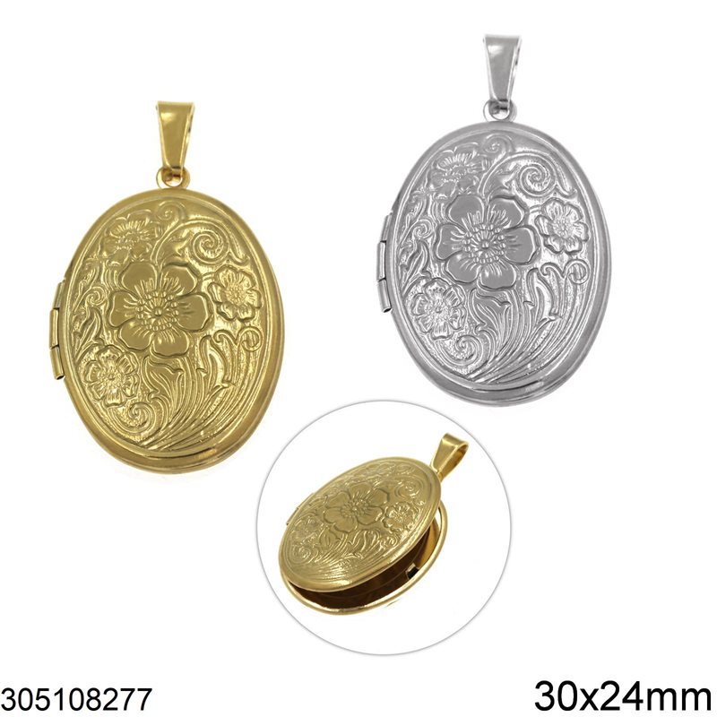 Stainless Steel Oval Locket Pendant with Flowers 30x24mm