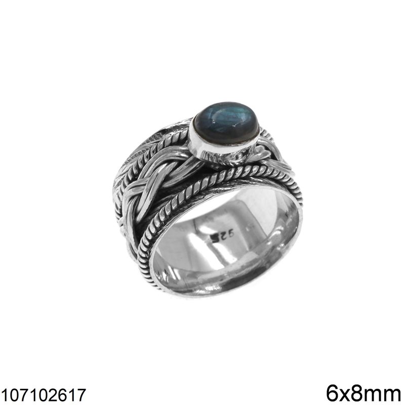 Δαχτυλίδι Ασημένιο 925 με Πλεξούδα 12mm και Οβάλ Ημιπολύτιμη Πέτρα 6x8mm