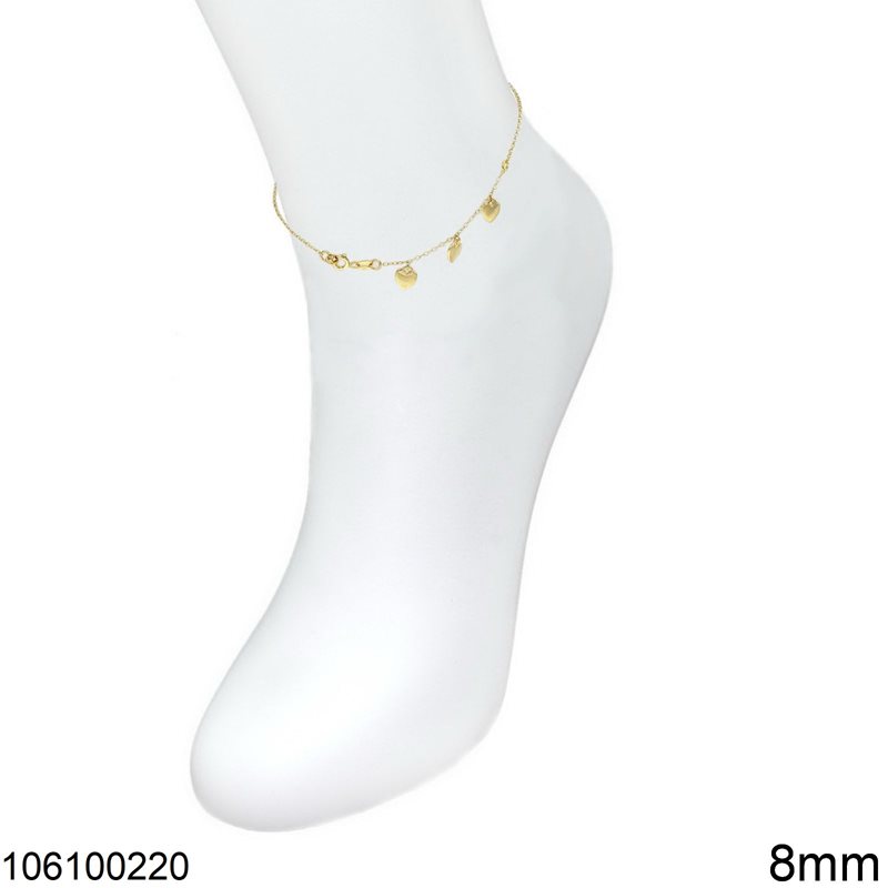 Silver 925 Anklet with Hanging Hearts 8mm, Gold Plated