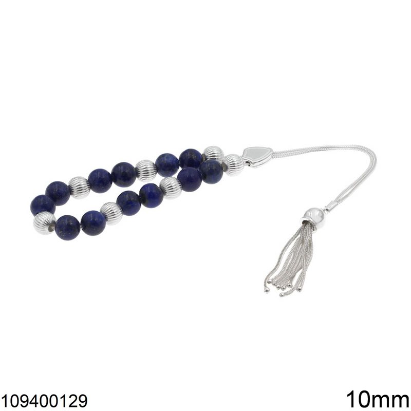 Silver 925 Worry Beads with Semi Precious and Stripes Beads 10mm