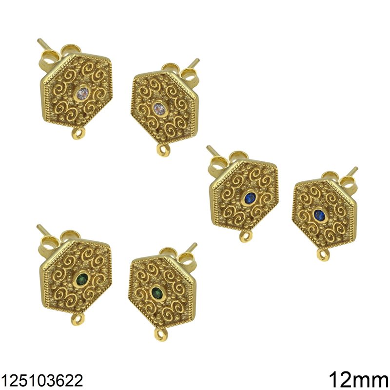 Silver 925 Stud Earrings Byzantine Exagone with Zircon and Hoop 12mm