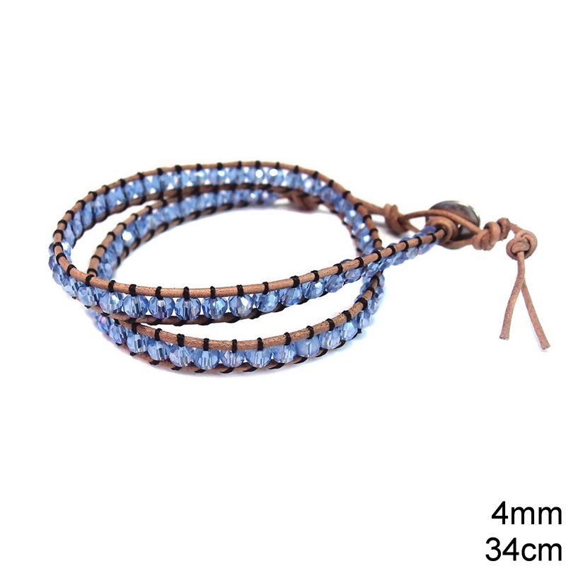 Βραχιόλι Δέρμα με Χάνδρα Γυάλινη Ταγιέ 4mm, 34cm