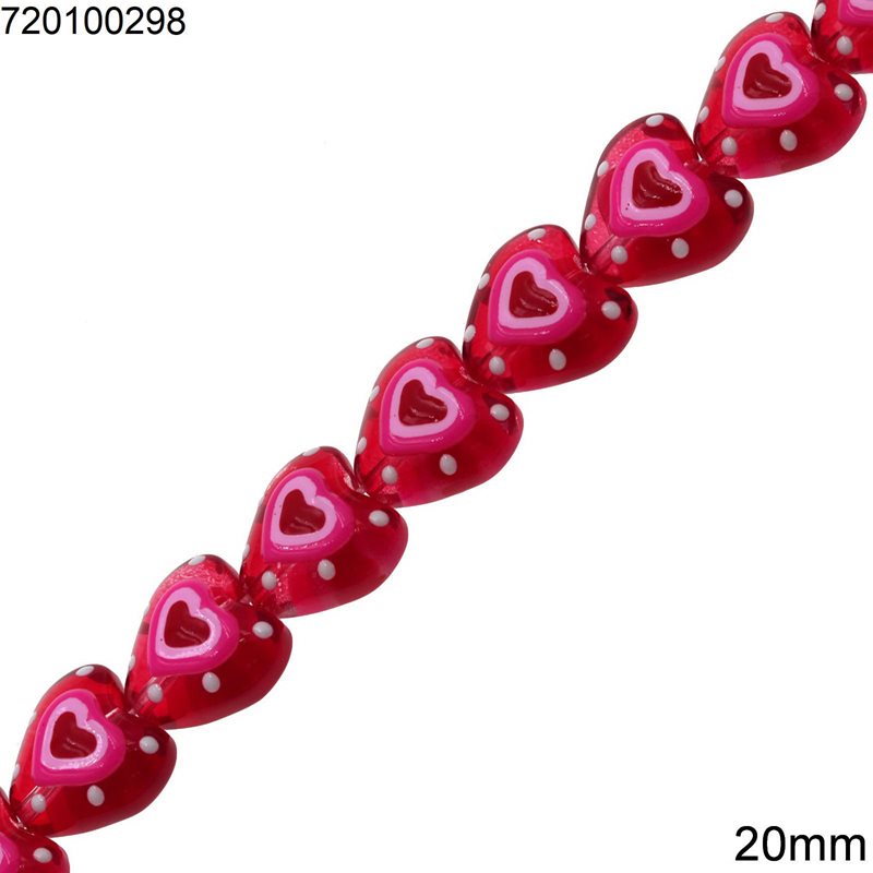 Glass Beads Heart with Design 20mm, Pink