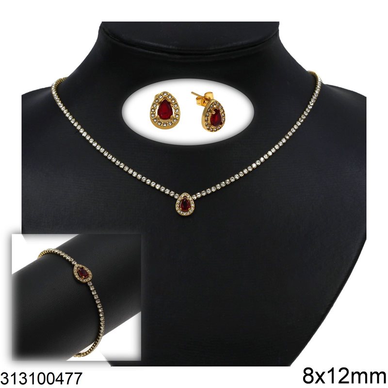 Stainless Steel Set of Necklace, Bracelet and Stud Earrings with Pearshape Rosette 8x12mm