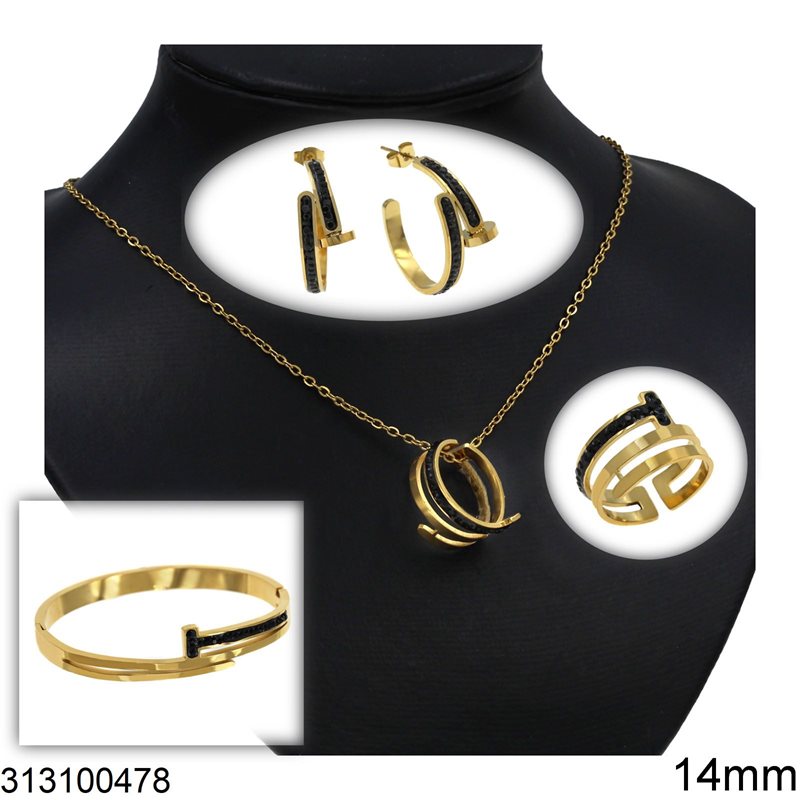 Stainless Steel Necklace, Bracelet, Ring and Stud Earrings Nail with Black Samballa 14mm,Gold