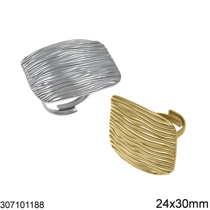 Stainless Steel Rectangular Wavy Embossed Ring 24x30mm