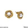 Stainless Steel Stud Earrings with Stones and Pearl 16mm