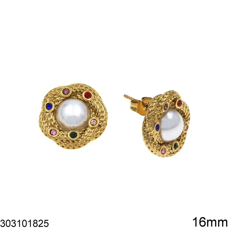 Stainless Steel Stud Earrings with Stones and Pearl 16mm