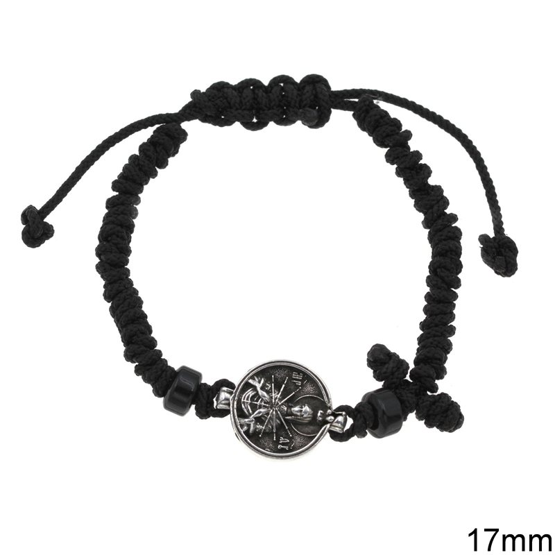 Prayer Rope Bracelet with Casting Bead 17mm and Macrame Clasp BLACK ANTIQUE SILVER PLATED NF