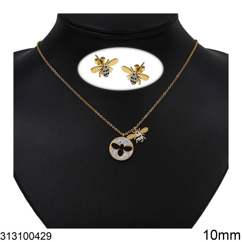Stainless Steel Set of Necklace 16mm and Stud Earrings 10mm Bee with Samballa, Gold