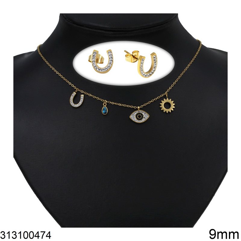 Stainless Steel Set of Necklace with Hanging Elements 9mm and Stud Earrings Horseshoe 9mm, Gold