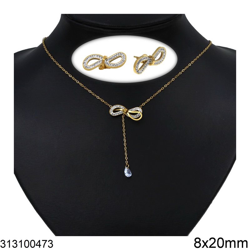 Stainless Steel Sef of Necklace and Stud Earrings Bow with Samballa 8x20mm, Gold