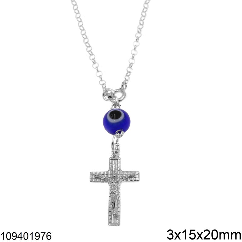 Silver 925 Car Amulet Cross with Cross Jesus Christ and Evil Eye 3x15x20mm 12-14cm