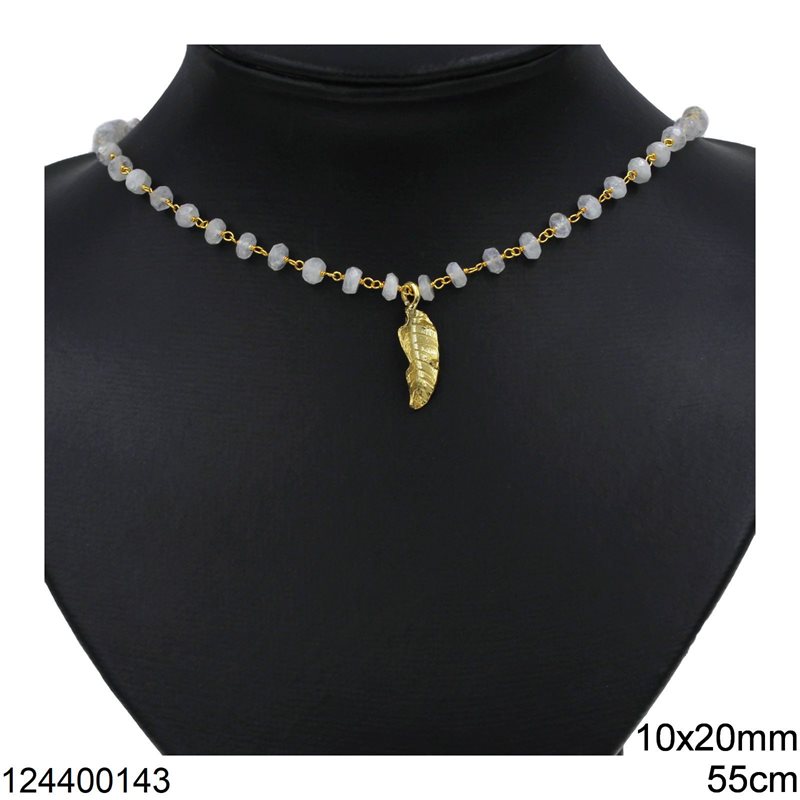 Silver 925 Necklace Moonstone Bead Chain 5mm and Hanging Leaf 10x20mm