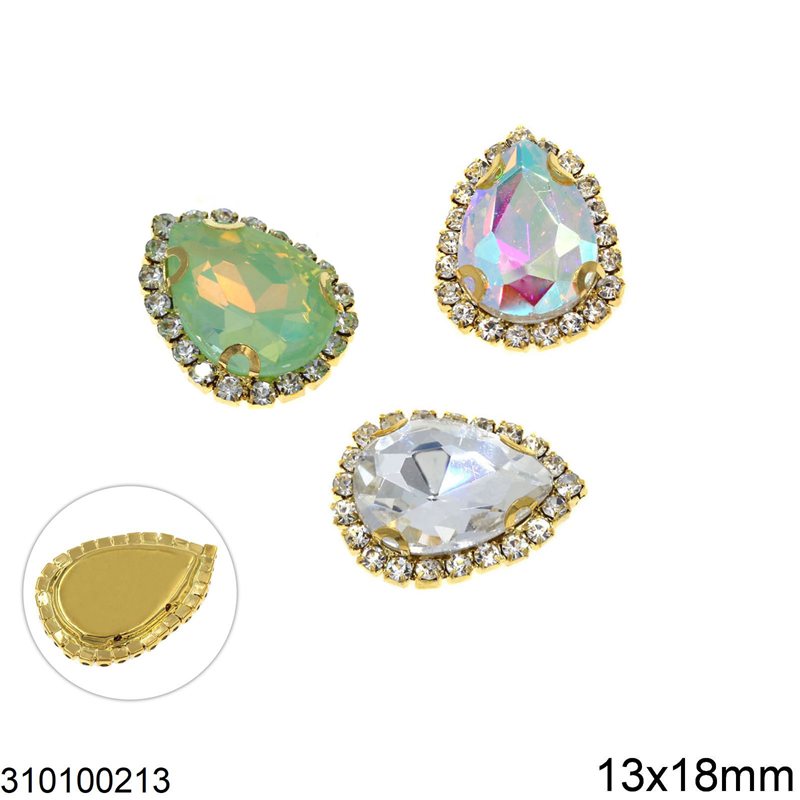 Brass Sew-on Pearshape Rosette with Stone 13x18mm
