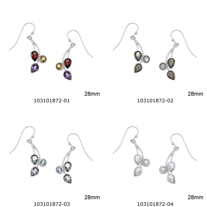 Silver 925 Hook Earrings Hanging Branch with Semi Precious Stones 28mm