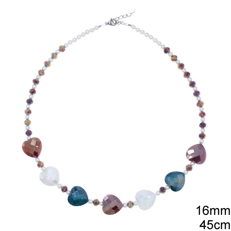 Necklace with Pearl Beads ,Glass Heart Bead 16mm and Stainless Steel Clasp