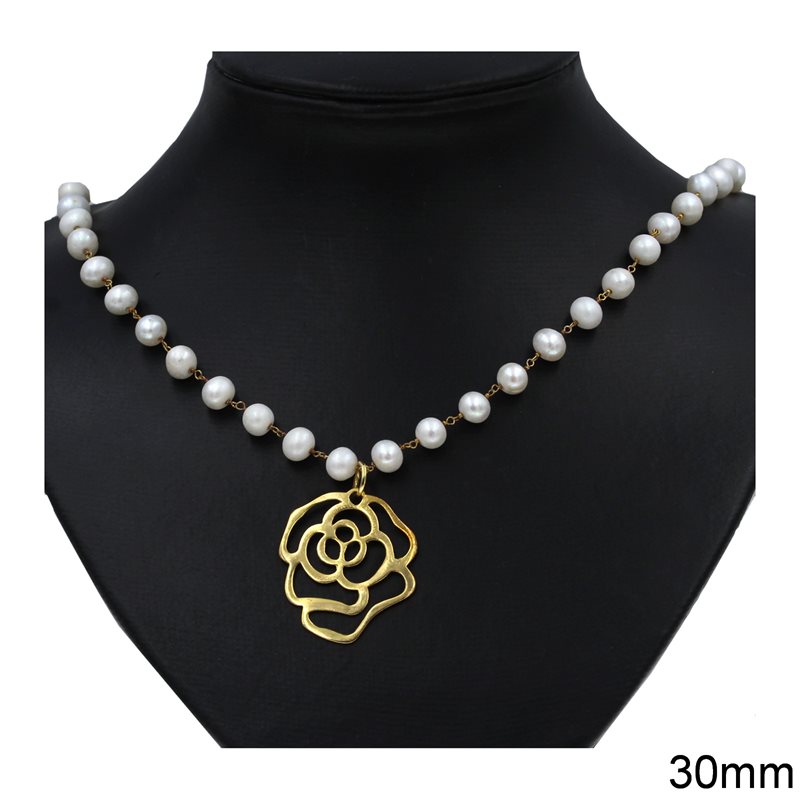 Silver 925 Necklace Freshwater Pearl with Outline Rose 30mm