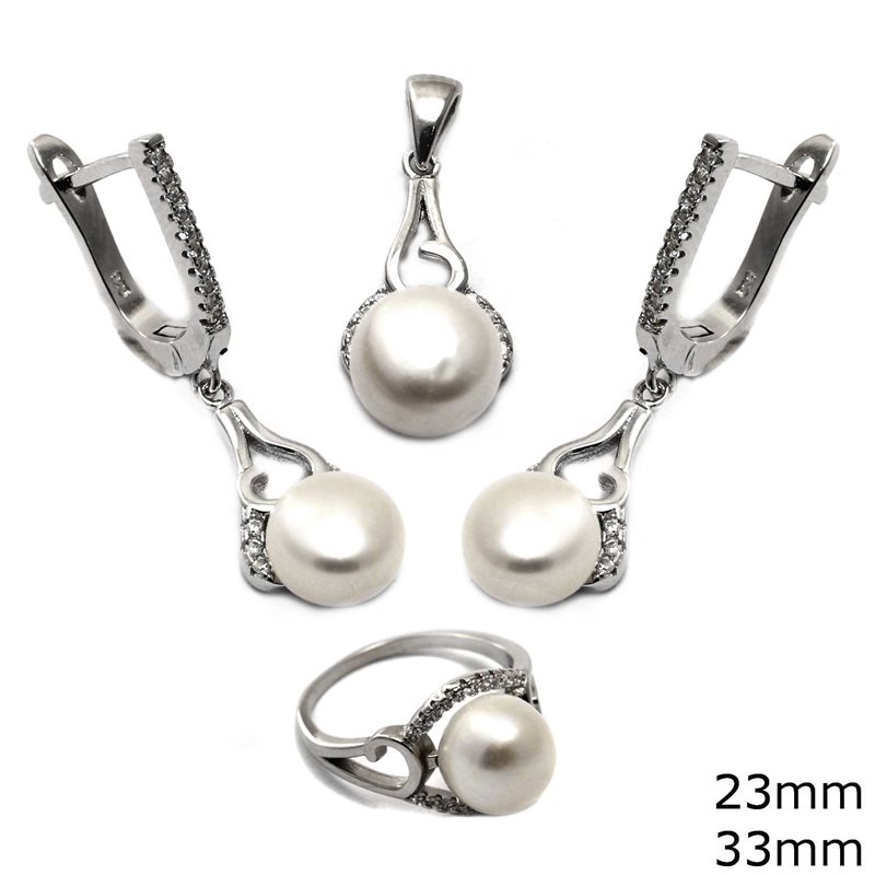 Silver 925 Set of Necklace 23mm, Ring 10mm and Earrings 33mm with Zircon and Freshwater Pearl