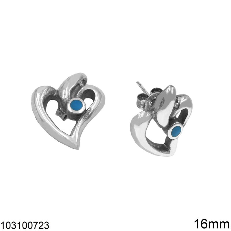 Silver 925 Stud Earrings Outline Heart with Turquoise 16mm