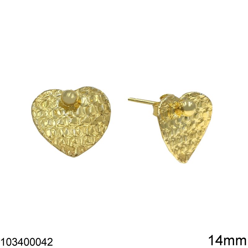 Silver 925 Stud Earrings Hammered Heart 14mm