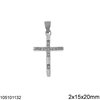 Silver 925 Pendant Cross with Zircon 2x15x20mm, Rhodium Plated