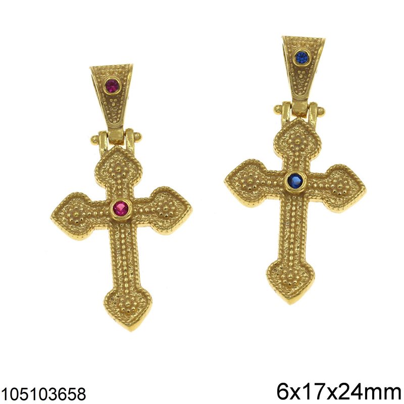 Silver 925 Pendant Byzantine Cross with Zircon 6x17x24mm